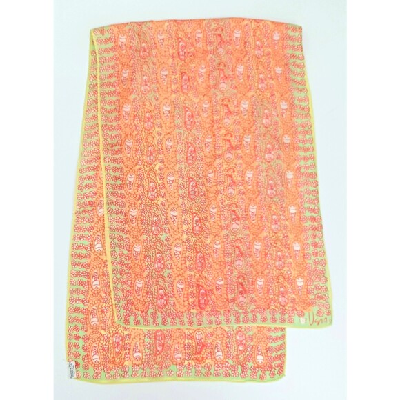 VTG Vera Silk Scarf Made in Japan Orange /Lime Paisley Print Rolled Edge 14X42 - Picture 8 of 8